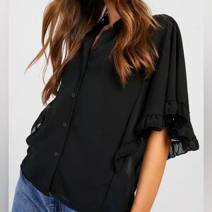 Boohoo Ruffle Black button down Blouse
